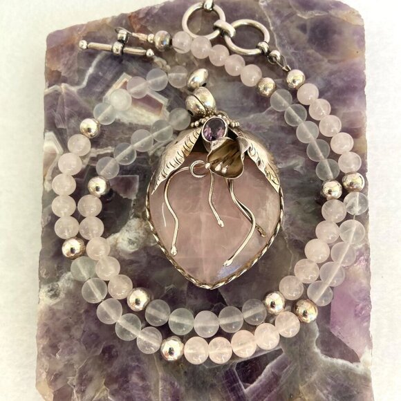 Sterling Silver 925 Modernist Rose Quartz & Amethyst Beaded Pendant Necklace - Picture 3 of 16